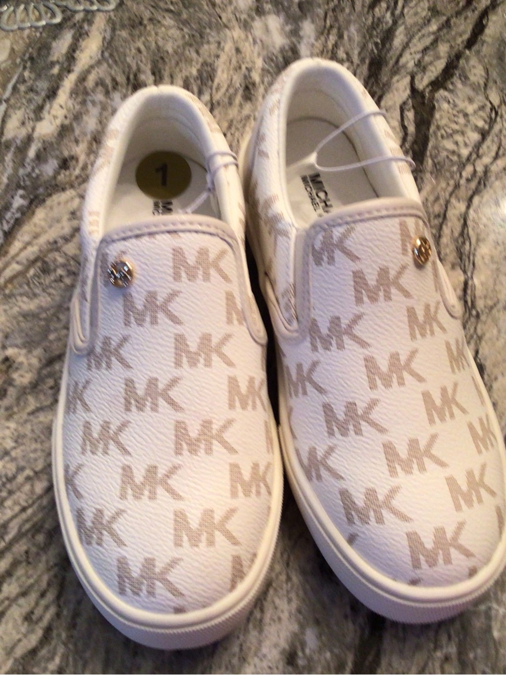 Michael Kors Kids White and Beige MK Logo Slip-On Sneakers
